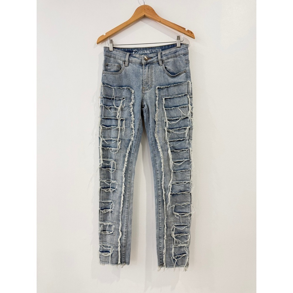 Argonaut Nation Mens Distressed Frayed Ultra Slim Light Wash Jeans Blue 28x30